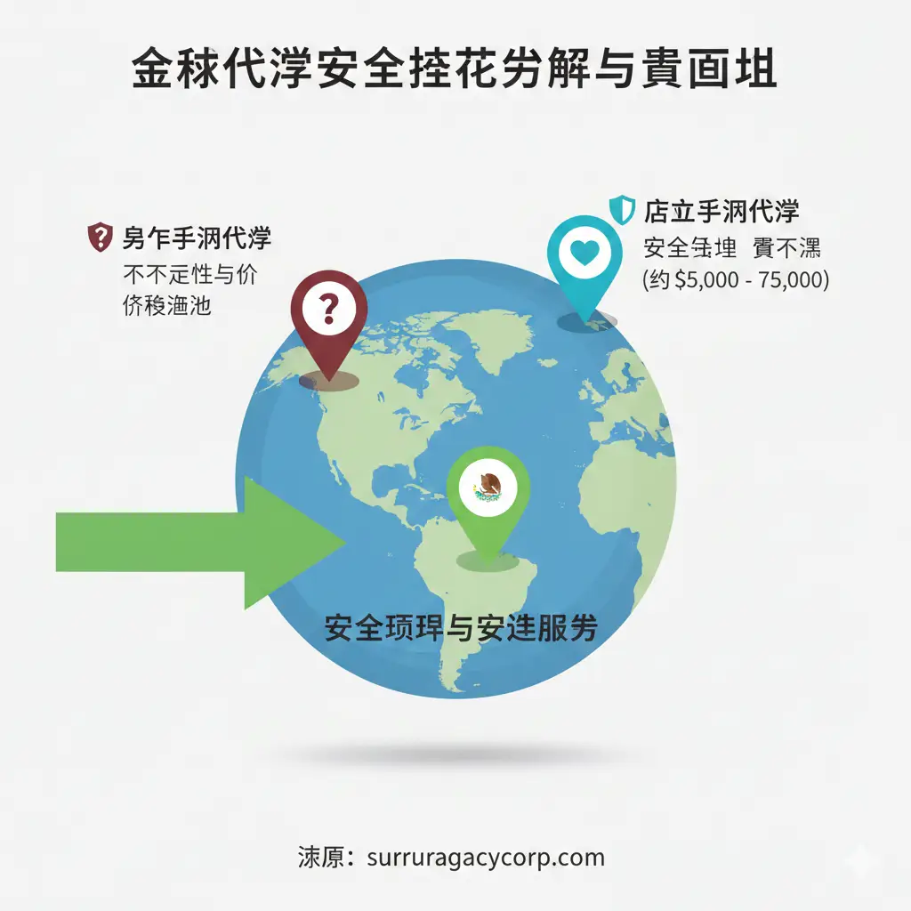 图片用于展示“安全替代方案与价格对比”，尤其是格鲁吉亚方案。构图为一张简洁的世界地图或地球仪。地图上有三枚定位图钉：一个标在乌克兰（颜色较暗，象征不确定性），另外两个标在格鲁吉亚和墨西哥（颜色鲜亮，象征安全与可行）。画面中央是一条清晰的箭头，从乌克兰指向格鲁吉亚，下方配上“安全转运与稳定服务”的简短文字。风格应是信息图表（Infographic）类型，色彩鲜明，强调地理位置和替代方案的路径指引。