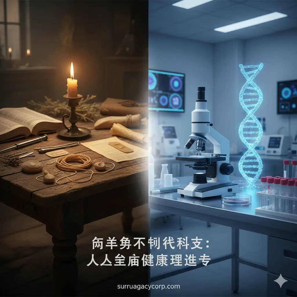 一张极具视觉冲击力的对比构图封面图。画面左侧展示昏黄烛光下的古代避孕工具，如羊肠薄膜和油纸，放置在古老的木质桌面上，充满历史沧桑感；画面右侧平滑过渡到明亮洁净的现代生殖医学实验室，显微镜和DNA双螺旋结构在柔和的蓝光下闪耀。这种从昏暗到光明的视觉演变，象征着人类从蒙昧的尝试走向科学的生殖健康管理，完美契合文章'从羊肠到现代科技'的主题。