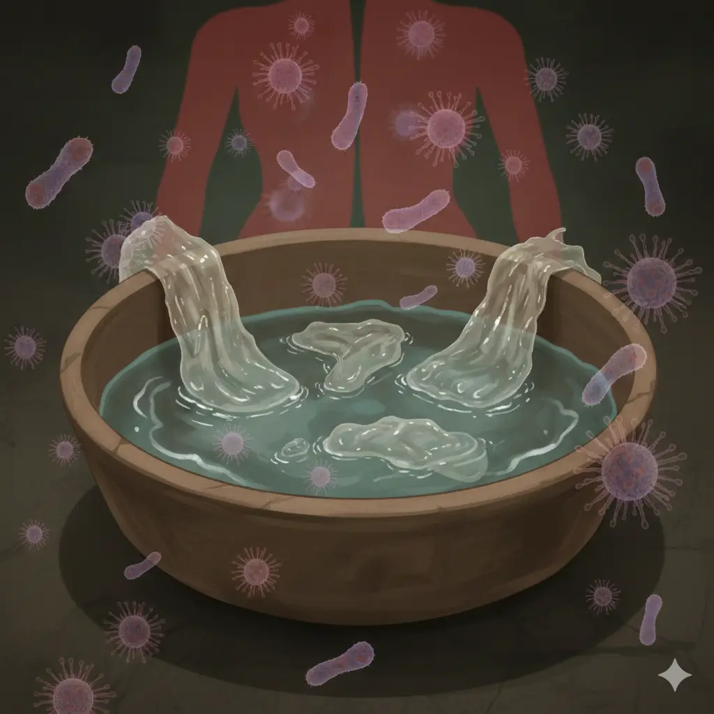 一张带有警示意味的插画风格图片，用于说明古代避孕方法的卫生隐患。画面描绘了一个古代洗漱盆场景，浸泡着清洗中的动物薄膜，周围漂浮着半透明的红色细菌与病毒示意图，象征着肉眼不可见的感染风险。光影处理略显压抑，以此强调文中提到的'重复使用'导致的细菌感染和盆腔炎风险，视觉上引导读者理解古代方法对女性健康的潜在伤害。