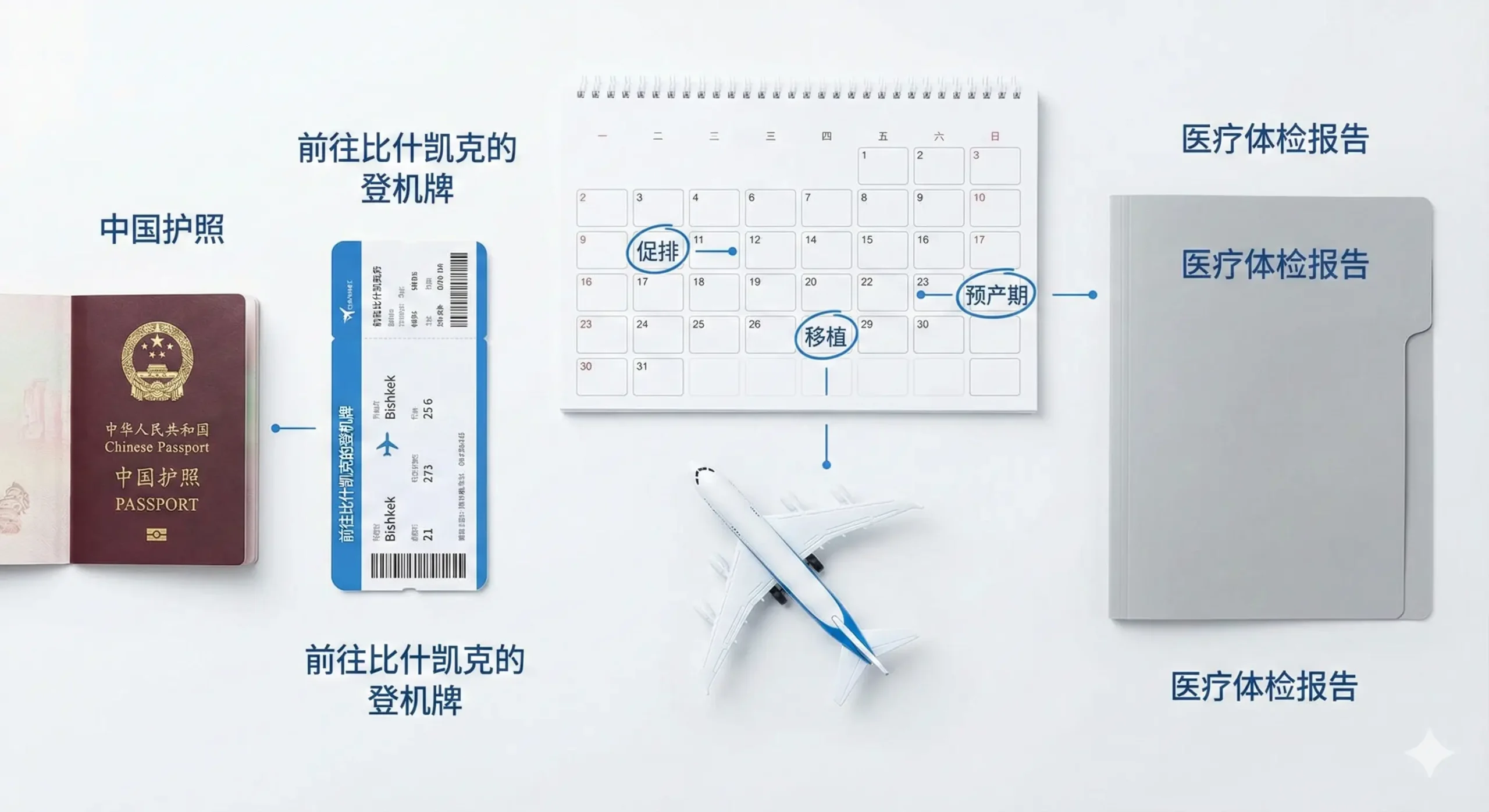 一张清晰、扁平化风格（Flat-lay）的流程指引图。在干净的白色桌面上，有序排列着中国护照、飞往比什凯克（Bishkek）的登机牌、标有关键日期（如促排、移植、预产期）的日历、以及一份医疗体检报告夹。中间用一架精致的小型玩具飞机将这些元素连接起来，象征着从国内出发到抱娃回国的全流程。色彩搭配以医疗蓝和纯白为主，视觉清爽，帮助用户直观理解跨国代孕的时间线和步骤。