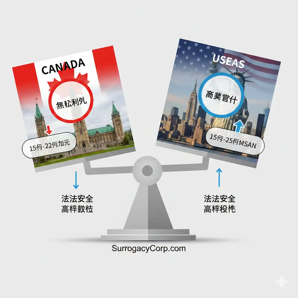 优势图片用于对比加拿大和美国的代孕差异，突出加拿大“法律安全”和“成本效益”的优势。采用分栏或天平构图。左侧代表加拿大：背景是枫叶/议会大厦，图标突出“Altruistic (利他)”和“Parentage Order (亲权令)”，价格气泡显示较低的“15万-22万加币”。右侧代表美国：背景是自由女神像，图标突出“Commercial (商业)”和较高的“15万-25万美元”。天平向加拿大倾斜，象征在“安全”与“价格”上的平衡优势。风格清晰对比，突出加拿大的高性价比。