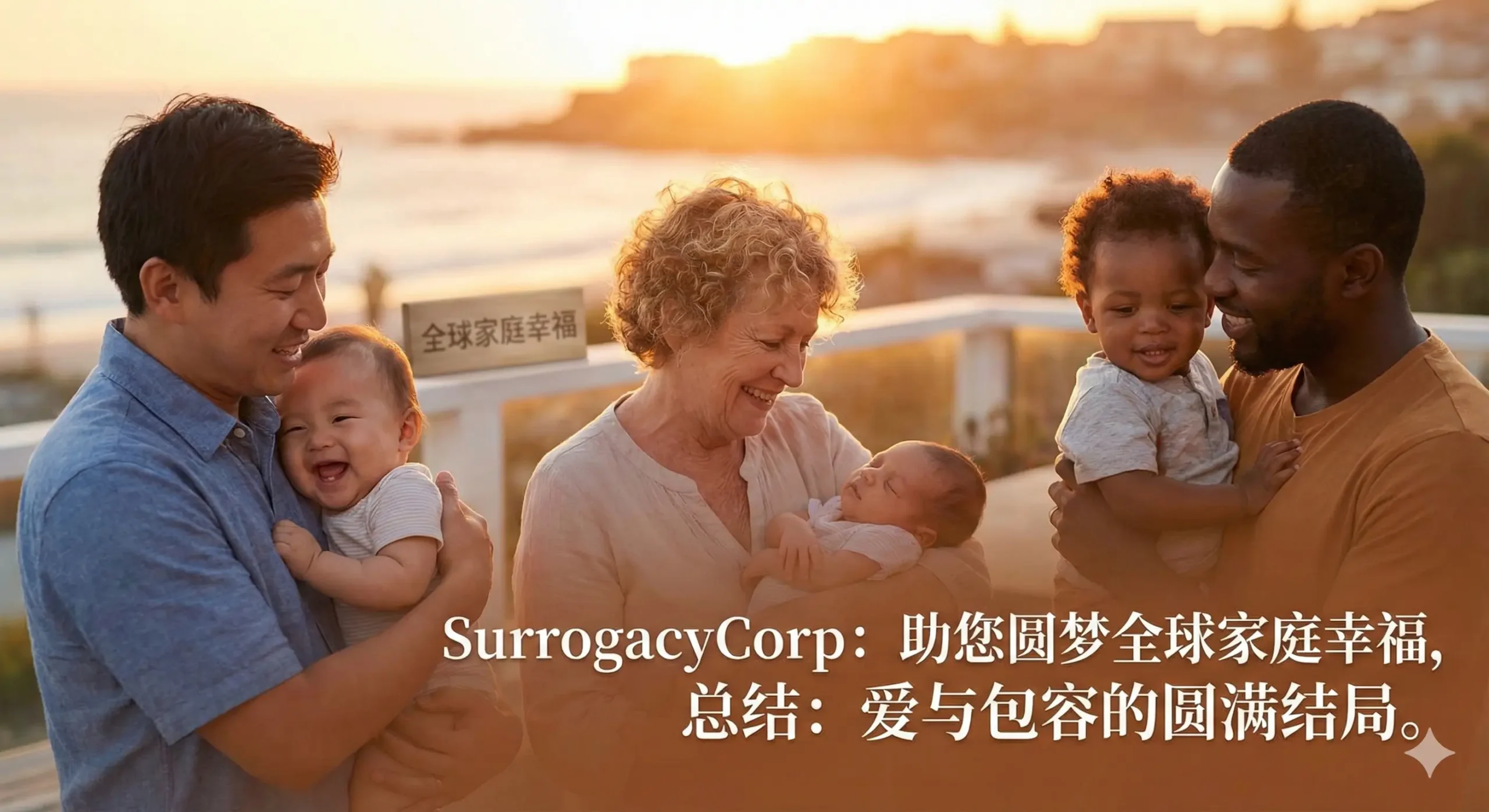 这是一张极具视觉冲击力的封面图片，旨在传达高端、隐私与希望的主题。画面中心是一条铺着红地毯的道路，延伸至远方温暖的加州阳光下，象征着明星们的赴美代孕之旅。红毯两侧不仅有象征镁光灯的光束，还有象征家庭温馨的婴儿车剪影，两者巧妙融合。色彩以典雅的金色、深蓝色和柔和的红毯红为主，营造出既奢华又安全的氛围。构图采用中心透视法，引导视线看向光明的未来，隐喻SurrogacyCorp为客户提供如明星般的专业服务。