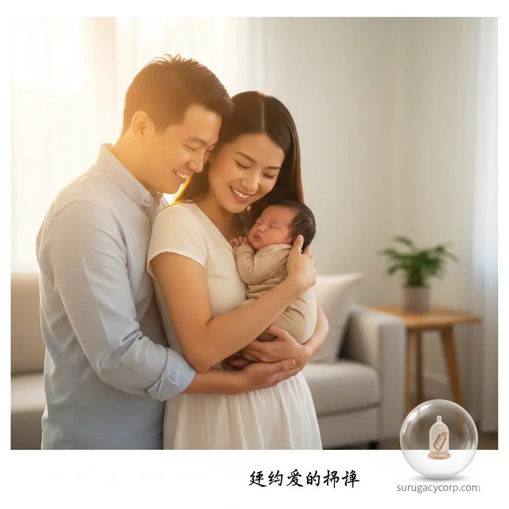 一张充满温情与希望的总结性图片。画面中是一对幸福的夫妇怀抱着一个健康的婴儿，沐浴在温暖的金色阳光中，笑容灿烂。背景模糊处理，隐约可见现代家居环境，营造出温馨的家庭氛围。图片传达出通过现代辅助生殖技术战胜不孕不育、实现家庭梦想的喜悦，呼应文章结尾'延续爱的希望'的主旨，为潜在客户建立情感连接。