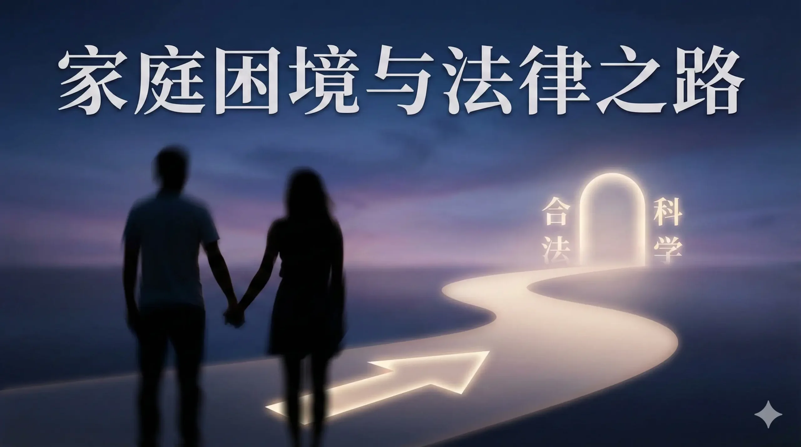 图片应表现出家庭不孕的挣扎与希望。中心是一个模糊的、象征性的家庭剪影（一对夫妇手牵手，但中间似乎空缺或缺乏完整性），背景是柔和的蓝紫色调，象征着忧虑与夜晚。前景应该有一个清晰的、指向光明的箭头或路径，箭头指向一个带有'合法'、'科学'字样的微光门户，强调从迷茫（关键词'精子提供を希望する人妻'的灰色阴影）走向正规辅助生殖（SurrogacyCorp的解决方案）的转变。整体风格应是严肃、富有情感，而非成人暗示。