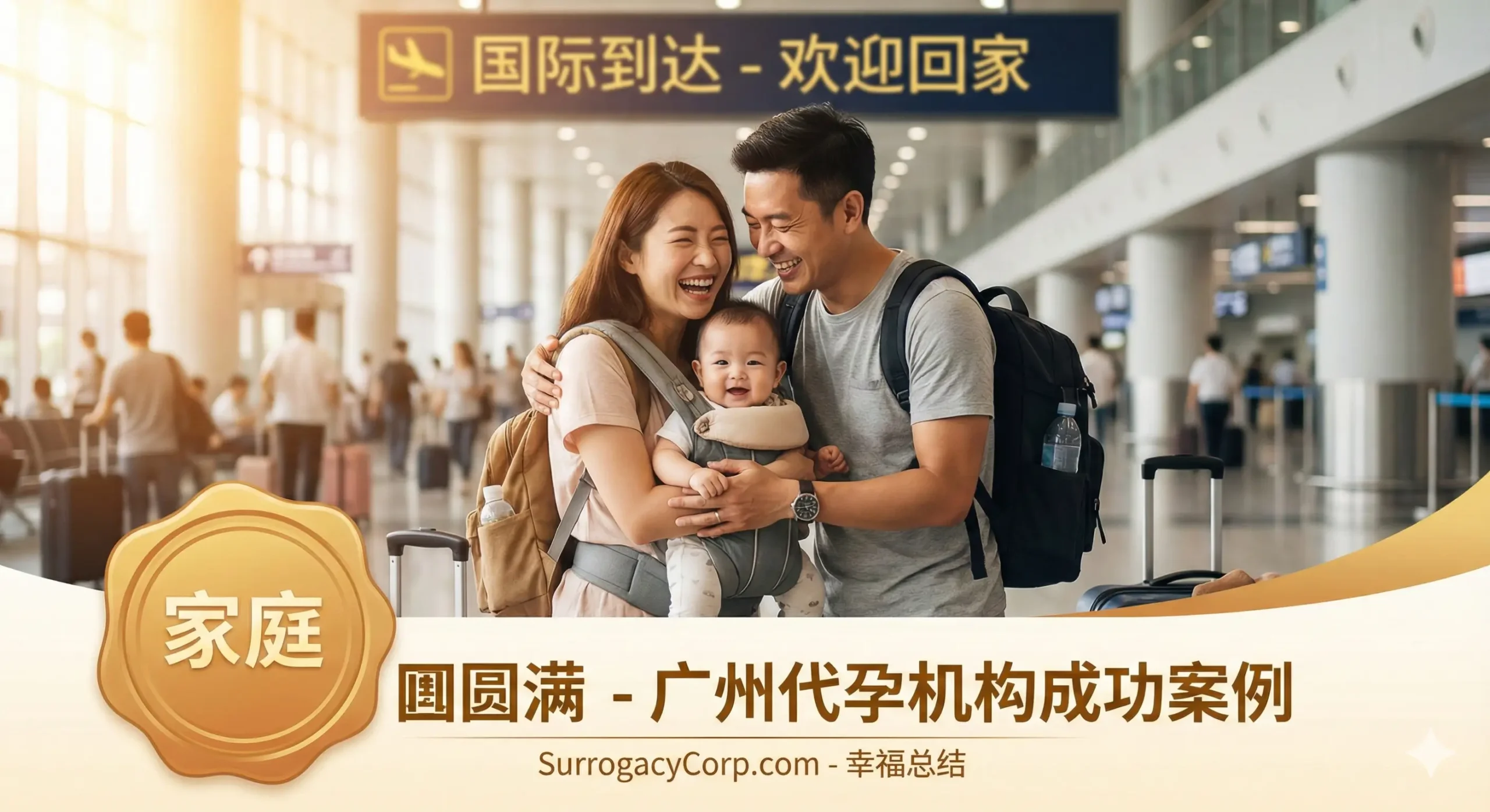 作为总结，图片应呈现国际代孕服务带来的最终成功和幸福。画面主体是一个三口之家（父母和代孕得来的宝宝）在机场或其他代表“回家”的地方拥抱或笑着，背景可以模糊地展示一个写有中文和英文的登机口指示牌，暗示从海外顺利归国。色彩温暖、阳光明媚，构图捕捉感动的瞬间，传递希望、圆满和SurrogacyCorp服务带来的最终家庭幸福感。