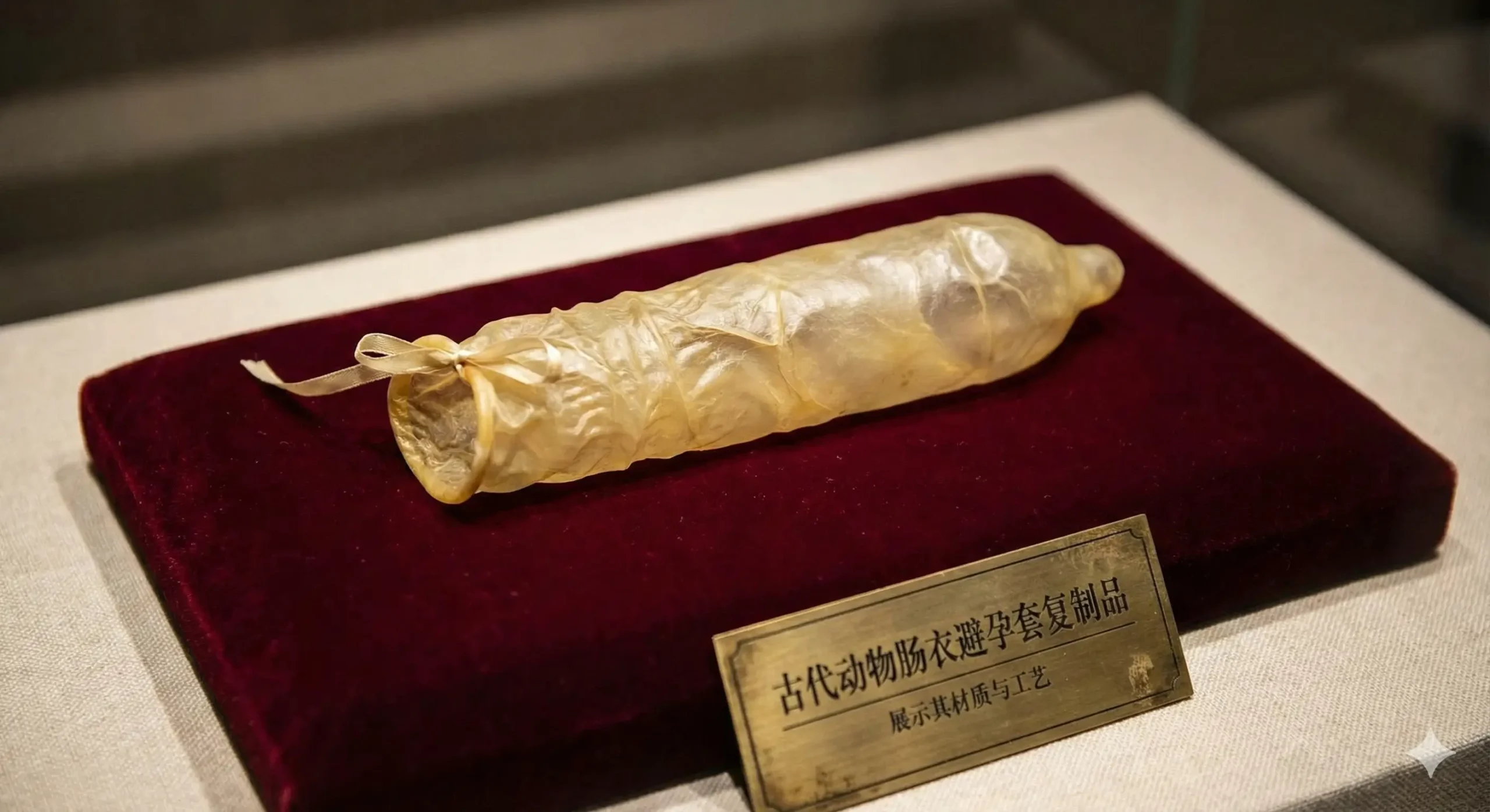 一张博物馆展品风格的微距摄影图，展示古代使用的鱼鳔或羊肠避孕套复制品。物体呈现出半透明的米黄色有机质感，表面带有自然的褶皱和纹理，末端系着一根细细的丝带。它静置在深红色的天鹅绒软垫上，灯光聚焦于此，突显出材质的原始与制作的繁琐。图片的色调复古而严谨，旨在直观展示文中提到的'脑洞大开的材质'，满足读者的好奇心。