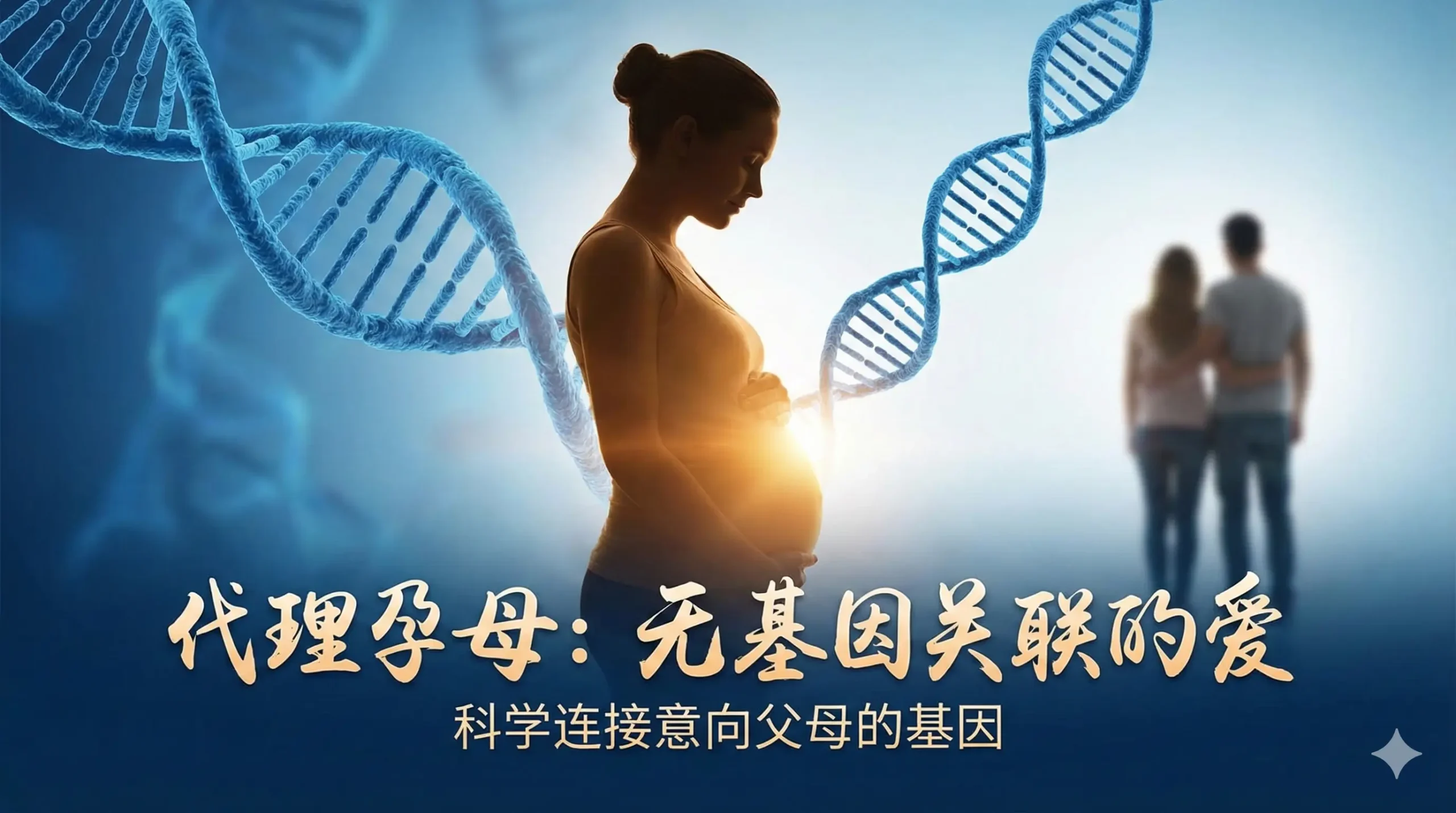 一张极具象征意义的医学概念图，画面中心是一位孕期的代理孕母剪影，腹部透出温暖的光芒。背景中悬浮着两条清晰的蓝色DNA双螺旋结构，视觉上明显连接至远处的意向父母（一对夫妇），而非代理孕母本人。构图采用了'种子与土壤'的视觉隐喻，直观地传达出胎儿基因完全来自意向父母的科学事实。色调采用专业医疗蓝与温馨的琥珀色结合，既展现科学权威性又具有人文关怀。