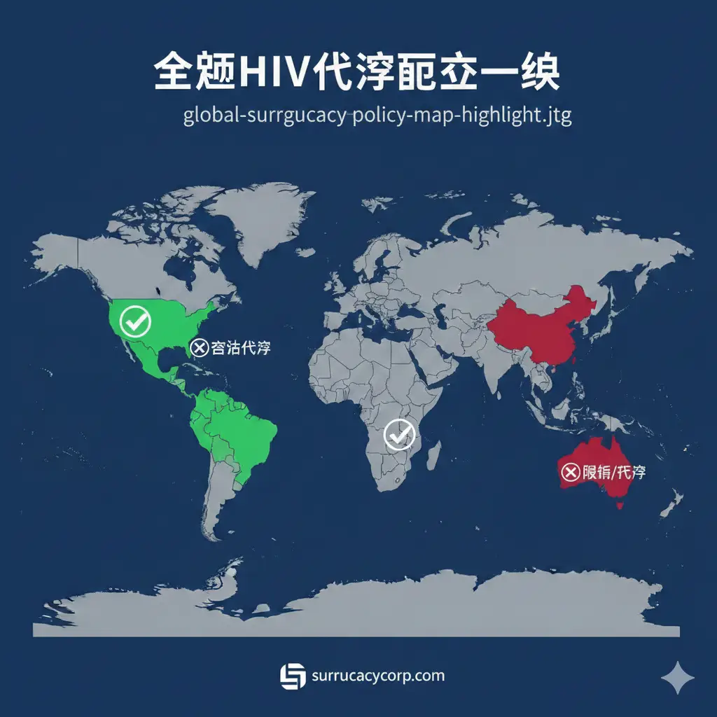 一张设计精美的全球地图概念图，用于对比各国对HIV代孕的政策。地图上将美国（加州/内华达）和哥伦比亚用鲜明的绿色高亮显示，并配有象征“通过/合法”的对勾图标；而其他限制性国家则用灰色或红色警示标记。构图清晰，风格专业且商务，类似高端咨询报告中的插图，直观地帮助用户识别合法的代孕目的地，避免法律风险。