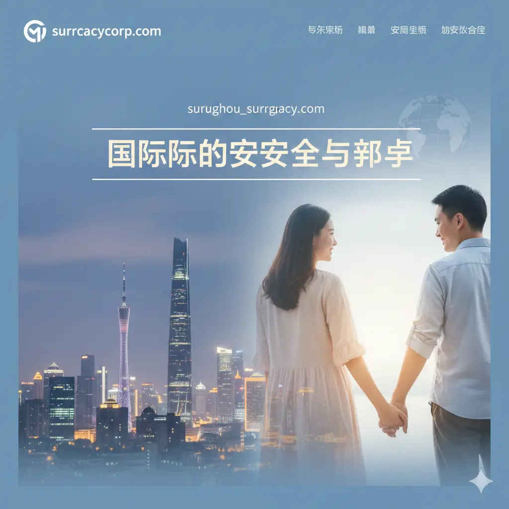 图片应以温暖、专业的风格呈现，主题是“国际代孕的安全与希望”。画面左侧是广州珠江新城或广州塔的现代都市夜景虚化背景，象征起点；画面右侧前景是一个温馨的家庭手牵手（父母和一个婴儿的小手），突出国际标准下的安全、合法。色彩以柔和的蓝、金、白为主，构图聚焦于家庭的温暖和专业机构的可靠性，同时加入一个小小的地球仪或国际航线图元素，暗示海外服务。