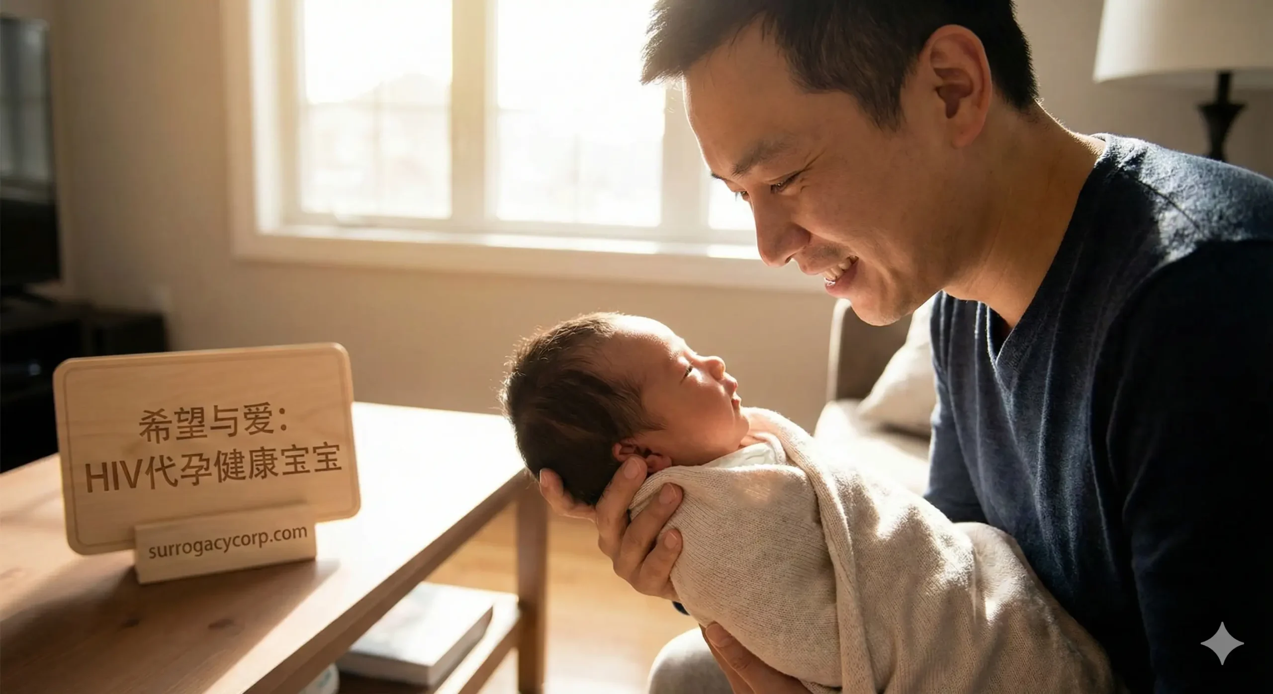 一张极具感染力的特写照片，展示了一位面带幸福微笑的父亲正温柔地抱着一个健康的刚出生婴儿。光线采用温暖柔和的自然光（类似清晨或黄昏的黄金时刻），营造出充满希望和安宁的氛围。背景是模糊的温馨家居环境，突显出家庭的温暖。图片的色调温暖明亮，旨在传达只要经过科学处理，HIV阳性患者完全可以拥有健康后代的信念，消除读者的恐惧感。