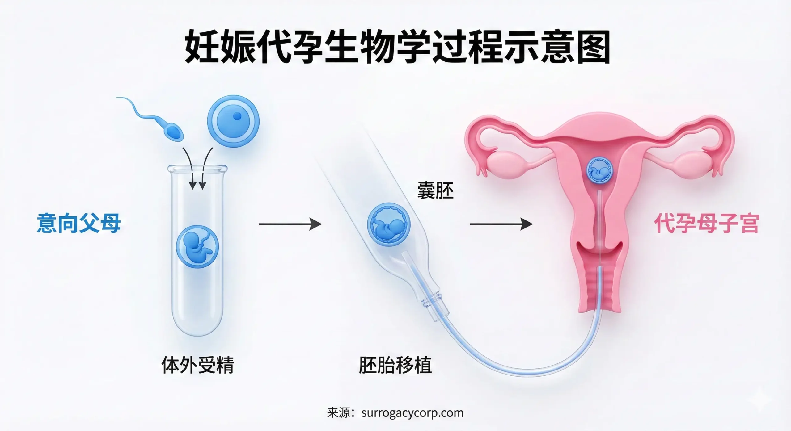 一幅清晰的3D医学流程示意图，专门展示妊娠代孕的生物学过程。左侧展示来自意向父母的精子和卵子在试管中结合形成胚胎，中间展示通过导管将囊胚植入子宫的过程。画面利用颜色编码（如意向父母为蓝色，代母为粉色）来严格区分基因来源与孕育环境，并没有基因混合的视觉表现。背景洁白，线条流畅，风格现代且易于理解，用于解释科学界定部分。