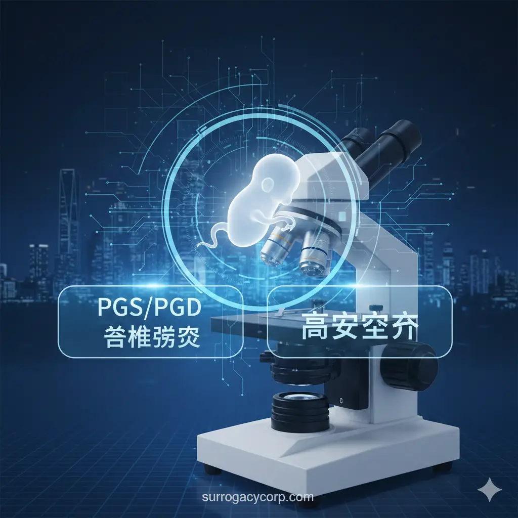 聚焦于国际代孕的医疗优势，即“第三代试管婴儿技术（PGS/PGD）”。画面中心是一个微观放大的胚胎，周围环绕着高科技的蓝色光束和数据流，象征基因筛查。前景放置一个显微镜，并用文字气泡突出“PGS/PGD基因筛查”和“高成功率”。整体风格为现代、高科技感，色彩以深蓝和亮白为主，体现顶尖医疗技术的专业和可靠，强调技术对提高成功率和保障健康的贡献。