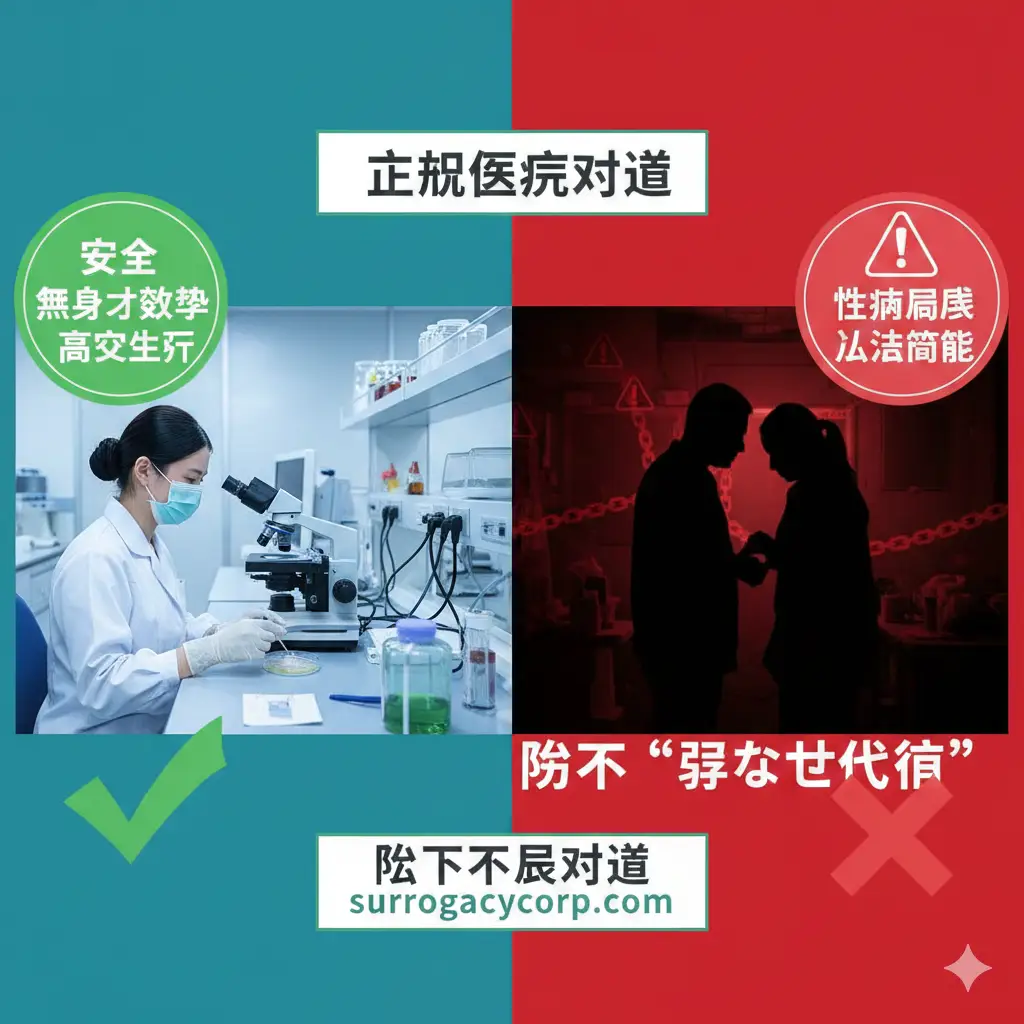 图片采用对比图形式，清晰区分正规IVF/IUI流程与私下'孕ませ代行'的风险。左侧是安全的IVF流程：一个专业医疗人员在无菌环境中使用试管或显微镜操作精子和卵子，配上'无身体接触'、'高成功率'的绿色标签。右侧是危险的私下捐精：两个模糊的剪影在非医疗环境中，背景是红色的警示符号，配上'性病风险'、'法律纠纷'的红色警告标签。通过左右对比，直观展示正规医疗途径的安全性。