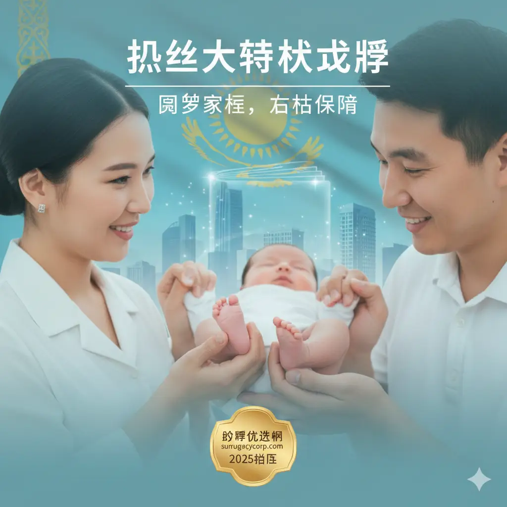 文章封面图。画面主体应聚焦于“希望”与“家庭圆满”的主题，色彩采用温暖、柔和的蓝绿色调，象征安全和新生。主要元素包括：1. 一对亚洲夫妇（代表中国客户）温柔地牵着一个穿着婴儿服饰的小脚或小手；2. 背景虚化处理，暗示哈萨克斯坦的现代建筑或国旗的淡蓝色调；3. 叠加一个透明的法律书籍或合同的轮廓，象征法律保障；4. 视觉上要突出“哈萨克斯坦代孕”和“2025指南”的专业感。