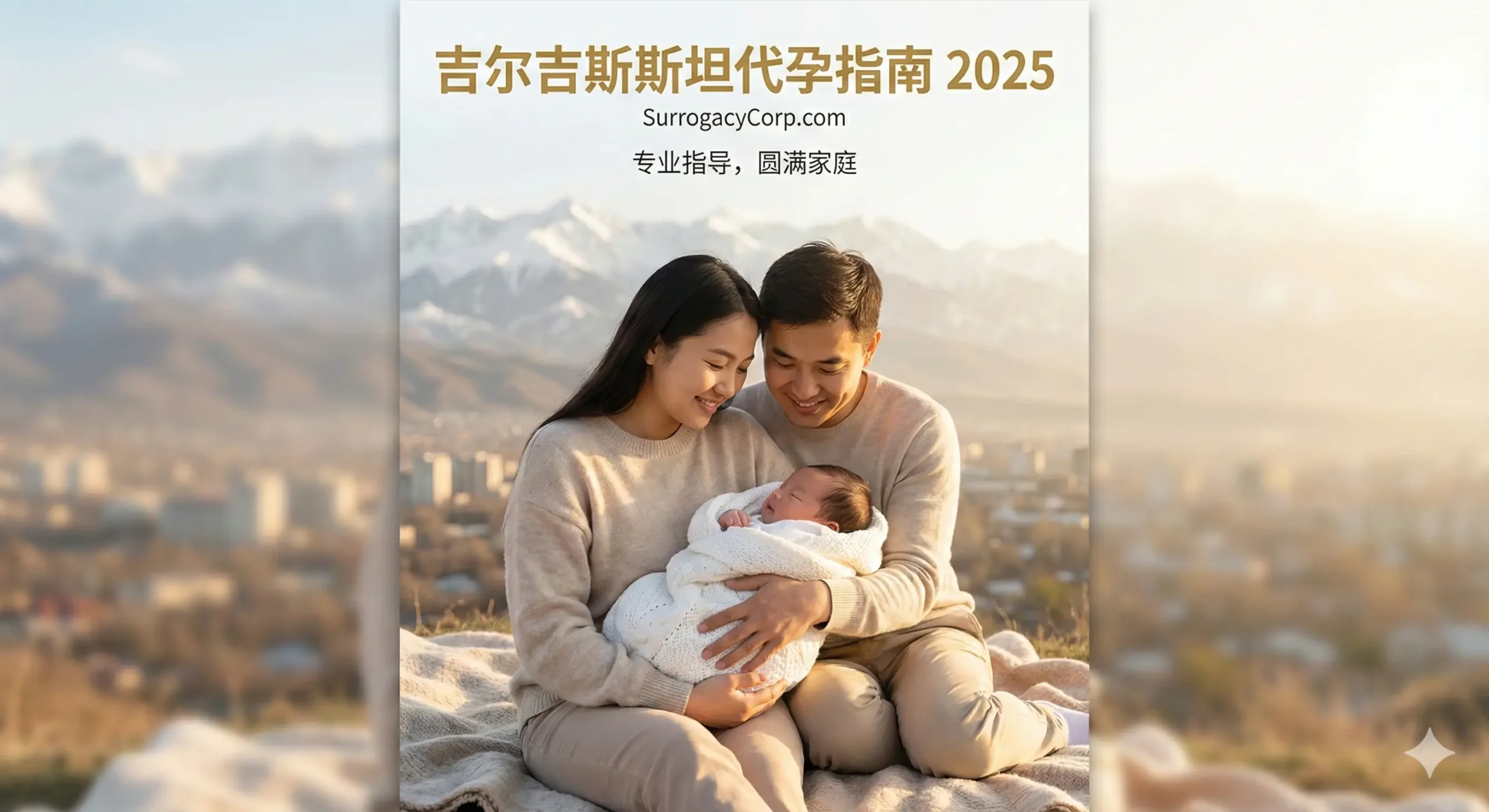 一张充满温情与希望的高清封面图。画面中心是一对幸福的亚洲夫妇（委托父母）温柔地抱着一个包裹在柔软白色毯子里的新生儿，阳光透过背景柔和地洒在他们身上，营造出金色时刻的氛围。背景虚化处理，隐约可见吉尔吉斯斯坦天山山脉的壮丽轮廓或比什凯克现代化的城市天际线，象征着在异国他乡迎来的新生命。整体色调温暖、明亮，传递出信任、家庭圆满和医疗专业感，非常适合作为代孕机构网站的头图。