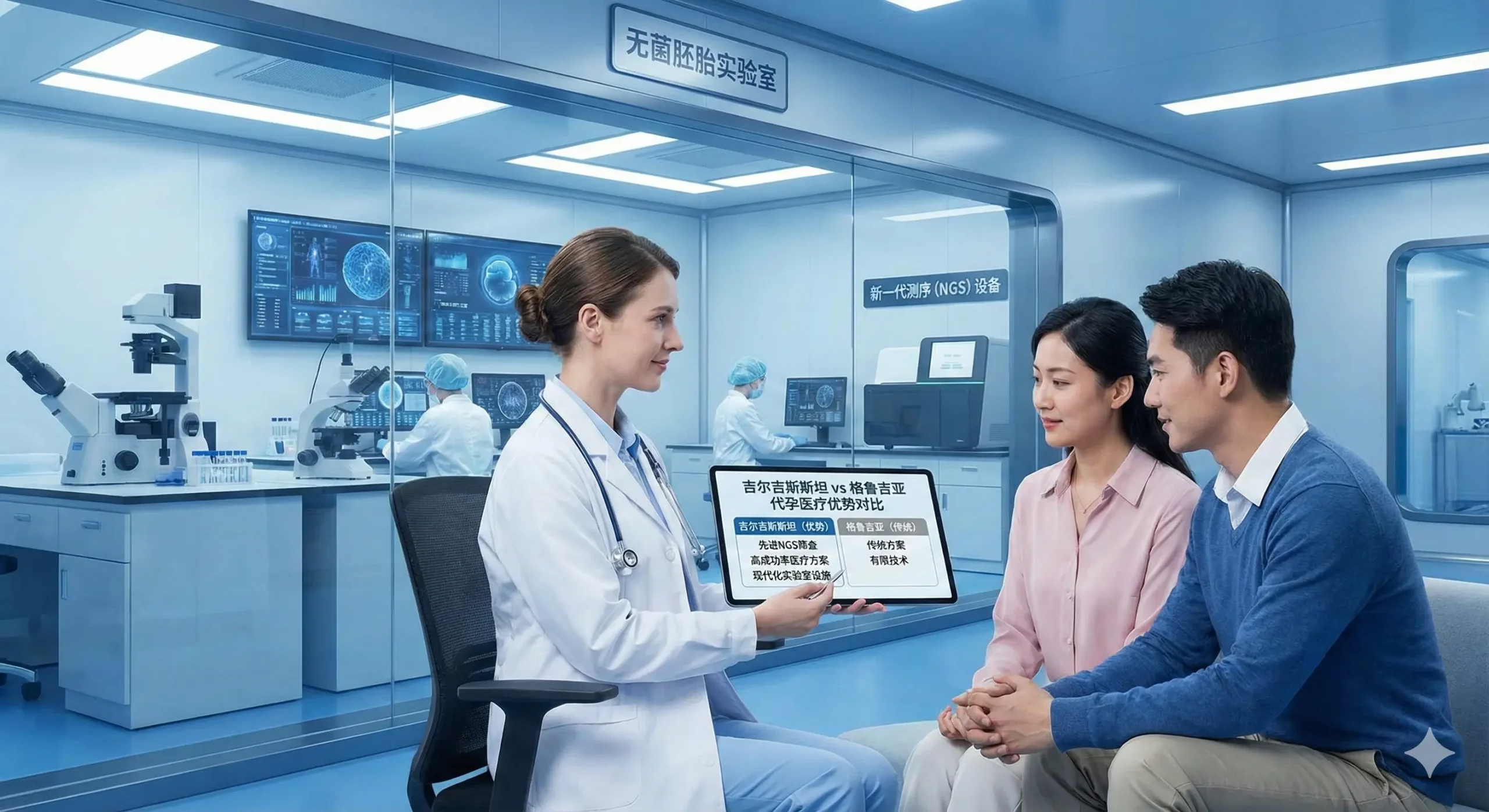 一张现代化的生殖医学中心场景图，旨在突出吉尔吉斯斯坦作为格鲁吉亚替代方案的医疗优势。画面中，一位身穿白大褂的专业医生正通过平板电脑向一对亚洲夫妇展示对比数据，背景是配备了先进显微镜和NGS胚胎筛查设备的无菌实验室。玻璃隔断后可以看到忙碌的科研人员。图片风格科技感强，强调医疗设施的先进性和安全性，消除用户对技术水平的顾虑，突出'最佳替代方案'的主题。