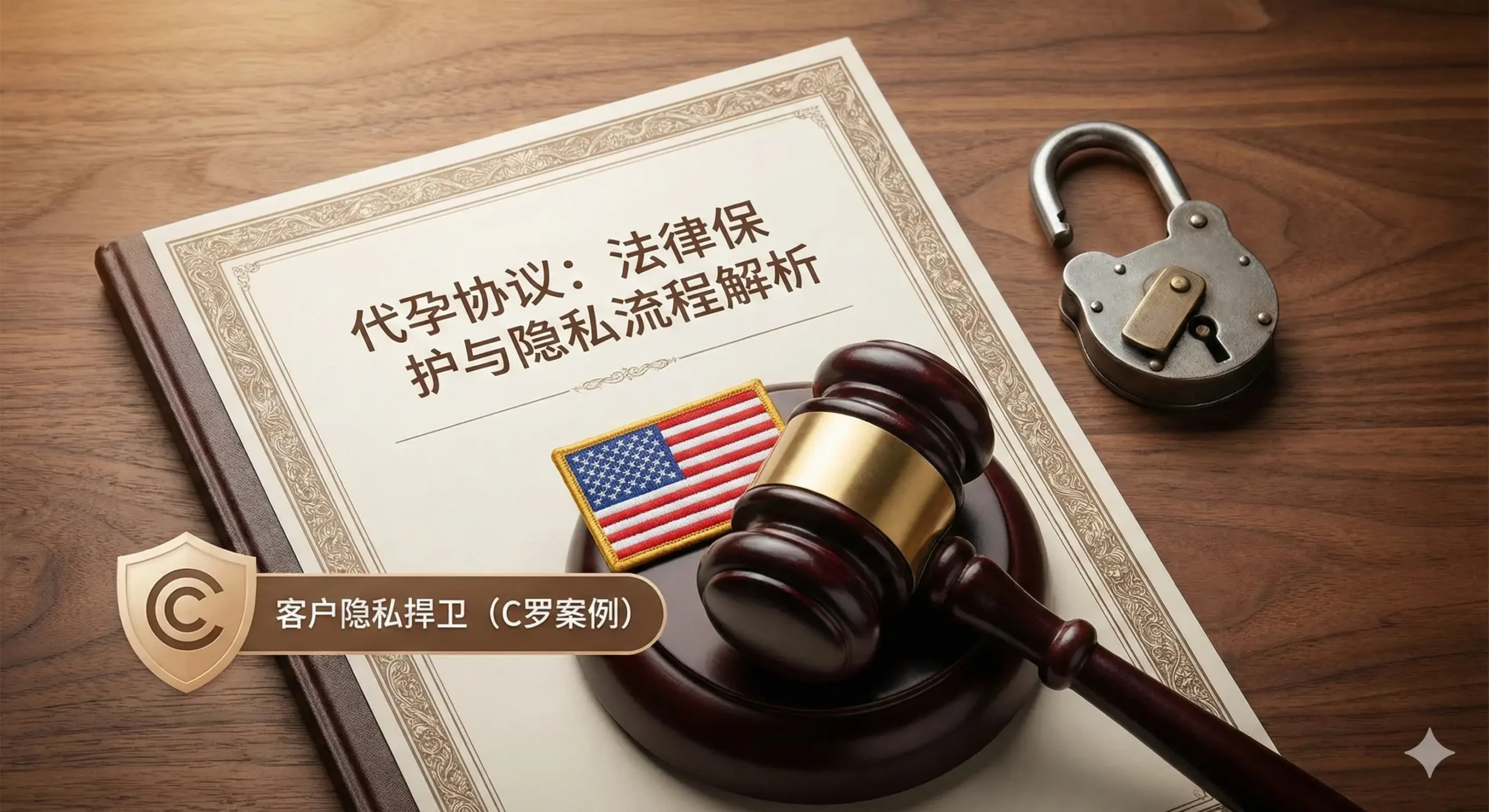 这张图片对应文章中关于法律保护与隐私流程的解析。画面主体是一份精致的法律文件，上面压着一个木质法槌和美国国旗图案的徽章，象征美国法律的权威性。在文件旁边，有一把打开的金属锁或盾牌图标，寓意着对客户隐私的绝对捍卫（呼应C罗案例）。构图采用俯拍视角，桌面材质为沉稳的胡桃木色，配以柔和的暖光，传达出稳重、可信赖的法律咨询服务感觉，帮助用户理解代孕流程中的法律护航。