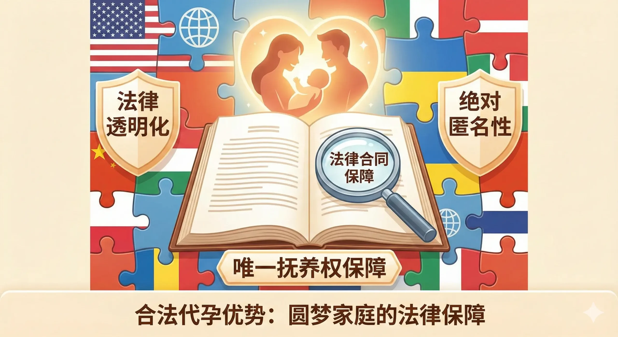 图片需体现SurrogacyCorp提供的合法代孕和辅助生殖的优势。画面中心是一份被放大、清晰可见的法律合同（象征法律保障），合同上方有一个婴儿的轮廓或一个温馨的家庭剪影，代表圆梦。背景是一面由不同国家国旗或地标组成的拼图，象征国际化和合法的服务范围（如美国、乌克兰）。色彩明亮、积极，突出'法律透明化'、'绝对匿名性'和'唯一抚养权保障'等核心优势。