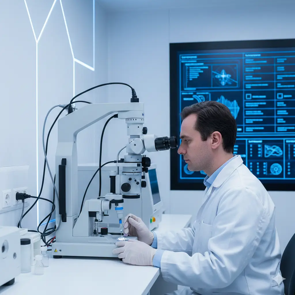 一张展现现代高科技生殖医学优势的专业摄影图。画面展示了Surrogacy Corp风格的现代化无菌实验室内部，一位穿着白大褂的医生正在操作精密的显微注射设备（ICSI）。背景是干净清爽的蓝白色调，透出极高的卫生标准和科技感。这张图与之前的古代工具形成鲜明对比，强调现代医学如何通过试管婴儿和代孕技术，安全、科学地解决生育难题。