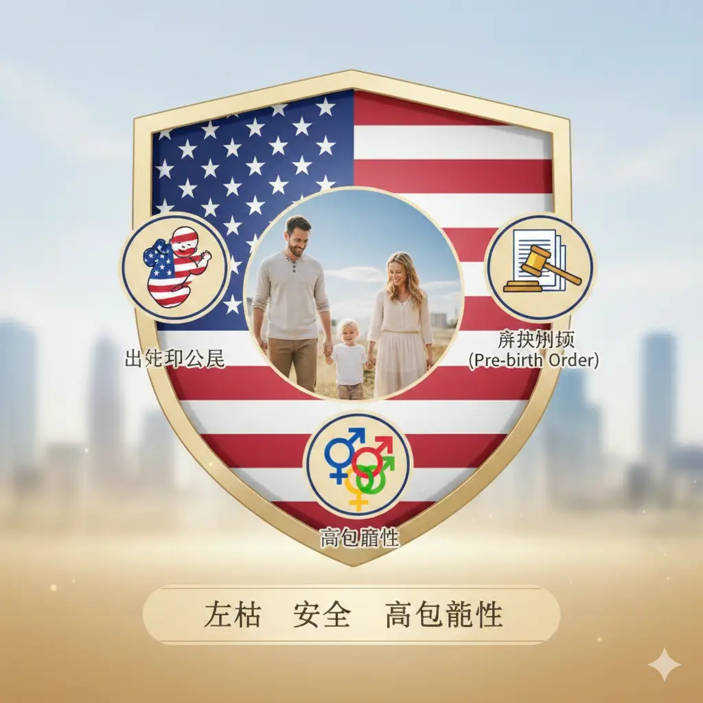 此圖用於「合法且安全的替代方案：海外代孕全攻略」章節。視覺中心是一個由美國國旗顏色（藍、紅、白）組成的盾牌，盾牌內是一個溫馨的家庭手牽著手。盾牌周圍環繞著代表美國代孕的三大優勢圖標：一個帶著星條旗的小嬰兒（代表出生即公民）、一個法院木槌與文件（代表親權判決Pre-birth Order）、以及一個多元性別的標誌（代表包容性強）。使用明亮、專業的暖色調，突出美國作為合法、安全代孕目的地的「法律保障」和「高包容性」優勢。