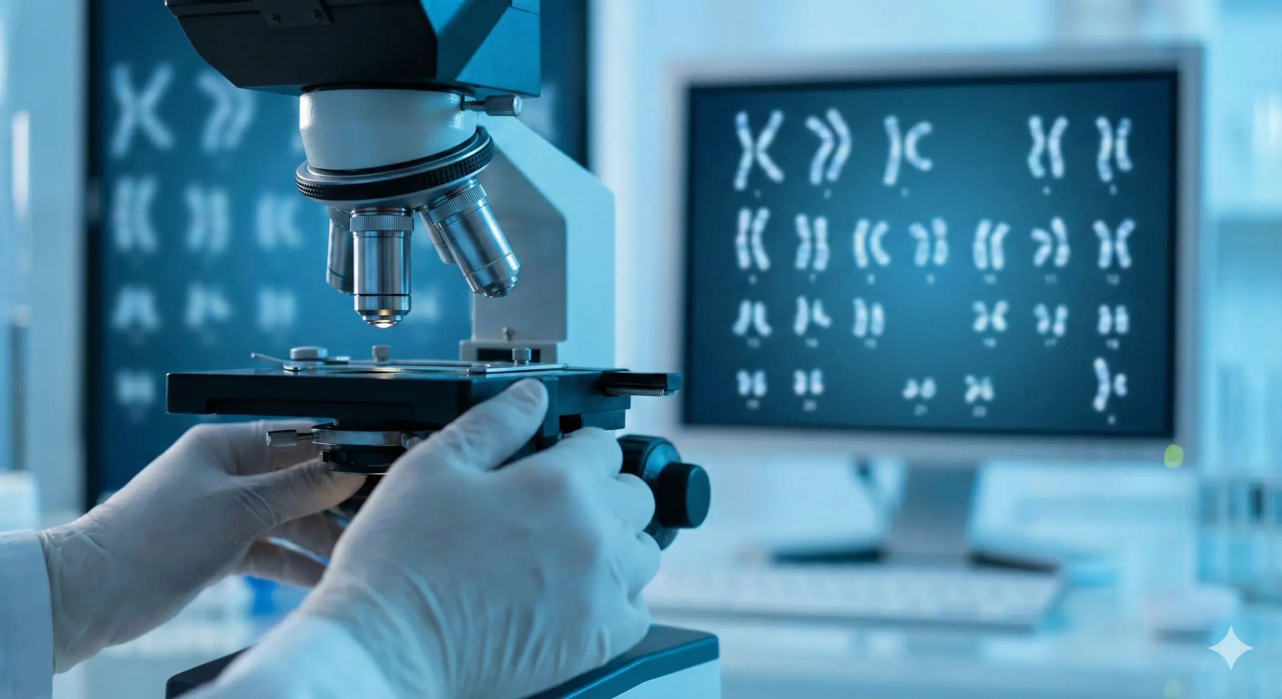 聚焦于高端实验室环境的特写镜头，展示PGT-A基因筛查技术。前景是一双戴着医用手套的手正在显微镜下操作，背景虚化处有一个高科技显示屏，清晰地显示着23对排列整齐、健康的染色体图谱。冷色调的科技蓝光渲染出精准、严谨的医学氛围，强调SurrogacyCorp利用先进科技主动剔除基因缺陷，保障优生优育的核心优势。