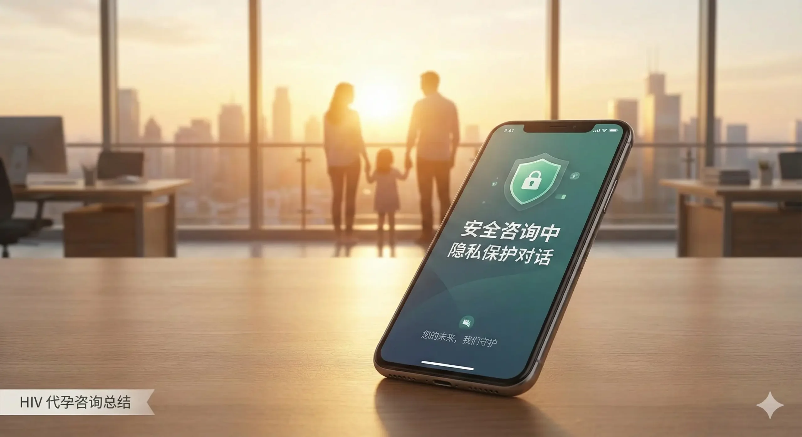 一张象征隐私保护与未来希望的总结性图片。画面前景是一部放在桌上的智能手机，屏幕上显示着加密通讯软件（如WhatsApp或Signal）的界面概念，暗示安全隐秘的咨询通道。背景是一扇明亮的落地窗，窗外是充满希望的日出景象，隐约可见一个幸福家庭的剪影。整体风格结合了商务专业性与人文关怀，鼓励用户迈出咨询的第一步。