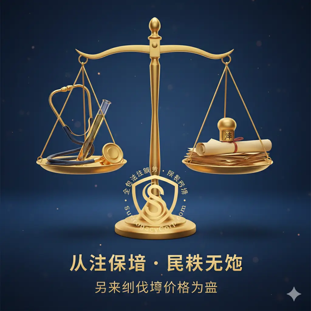 图片用于“隐性成本与法律费用全解析”或“优势特点”部分，突出法律保障和风险规避。画面主体是一个象征权威的金色天平，其中一个托盘上是医疗图标（听诊器或试管），另一个托盘上是法律文件或公章。天平的底座环绕着SurrogacyCorp.com的标志（可用一个抽象的“S”形盾牌代替）。整体采用深蓝色和金色的配色，营造出专业、权威、保障的视觉感。强调“全包法律服务”和“风险转移”的概念。