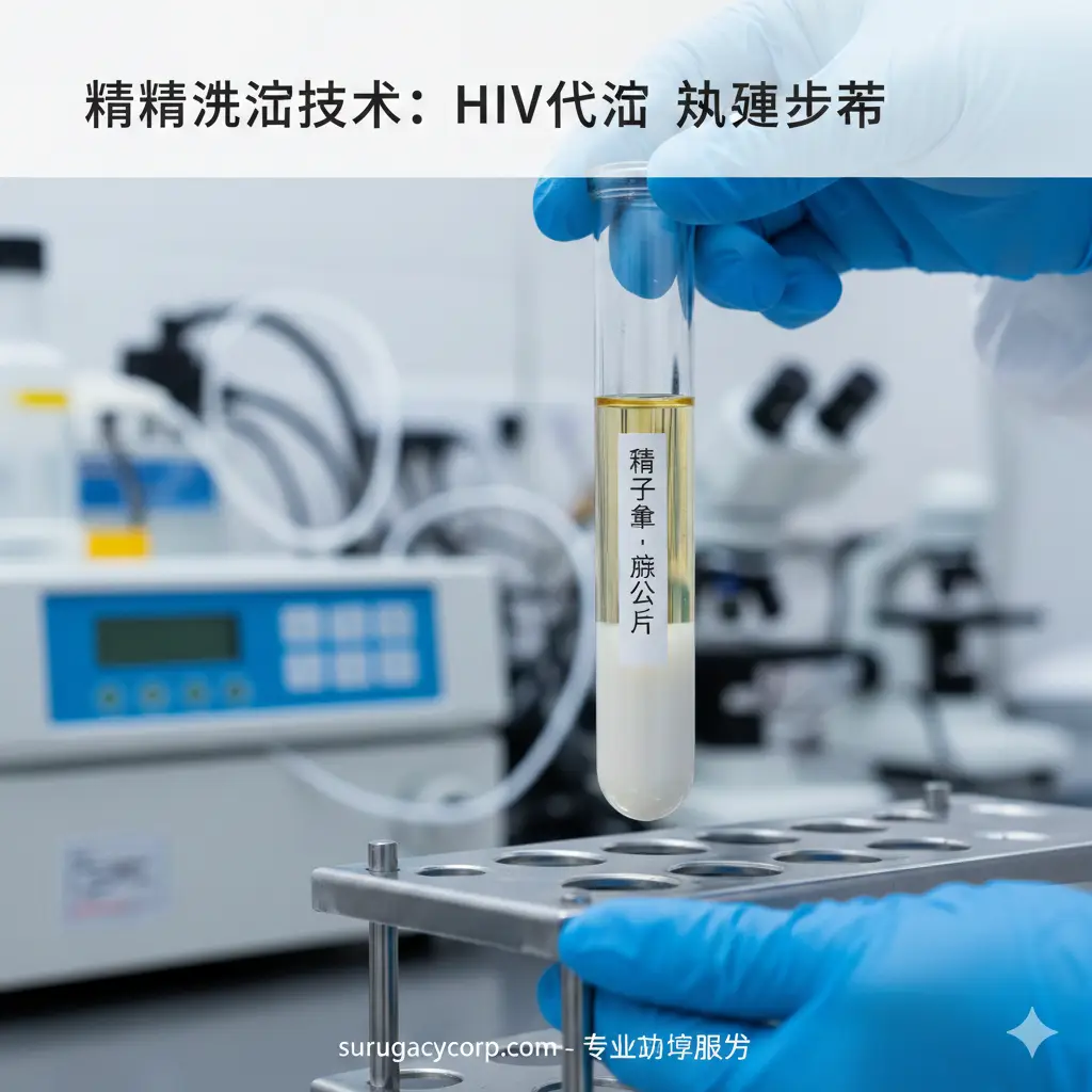 一张展示精子洗涤（Sperm Washing）技术的高清实验室特写图。焦点聚集在一支处于离心过程后的试管上，试管内液体明显分层，展示了密度梯度离心法的效果（上层为废液，底层为健康精子）。背景是模糊的高科技实验室设备和身穿无菌防护服的技术人员的手（佩戴蓝色医用手套），体现出极高的卫生标准和尖端的医疗科技感，消除用户对病毒传播的顾虑。