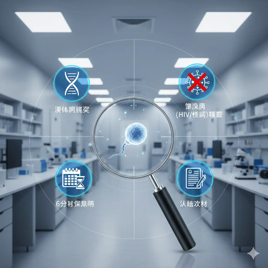 图片需要视觉化展示正规精子银行的严格筛选流程。主画面是一个现代、无菌的实验室环境。核心元素是一颗精子细胞被一个放大镜或安检扫描仪仔细检查。周围环绕着一系列醒目的标签或图标，代表'遗传病筛查'、'传染病（HIV/性病）检测'、'6个月隔离期'和'法律文件'。色彩以科技蓝和白色为主，传达专业、安全和高标准的医疗保障感，与私下捐精的灰色地带形成鲜明对比。