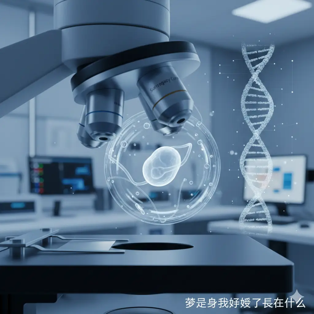 一张极具科技感与安全感的医学实验室特写图，展示Surrogacy Corp的技术优势。画面聚焦于显微镜下的微观世界，展示一颗完美的、发着微光的胚胎细胞正在分裂，背景是模糊的实验室高科技设备和DNA双螺旋结构的虚影。色调以医疗蓝和纯净白为主，象征着IVF技术、PGT基因筛查和代孕服务的科学性与高成功率，给予此时正处于焦虑中的用户强大的安全感和信心。