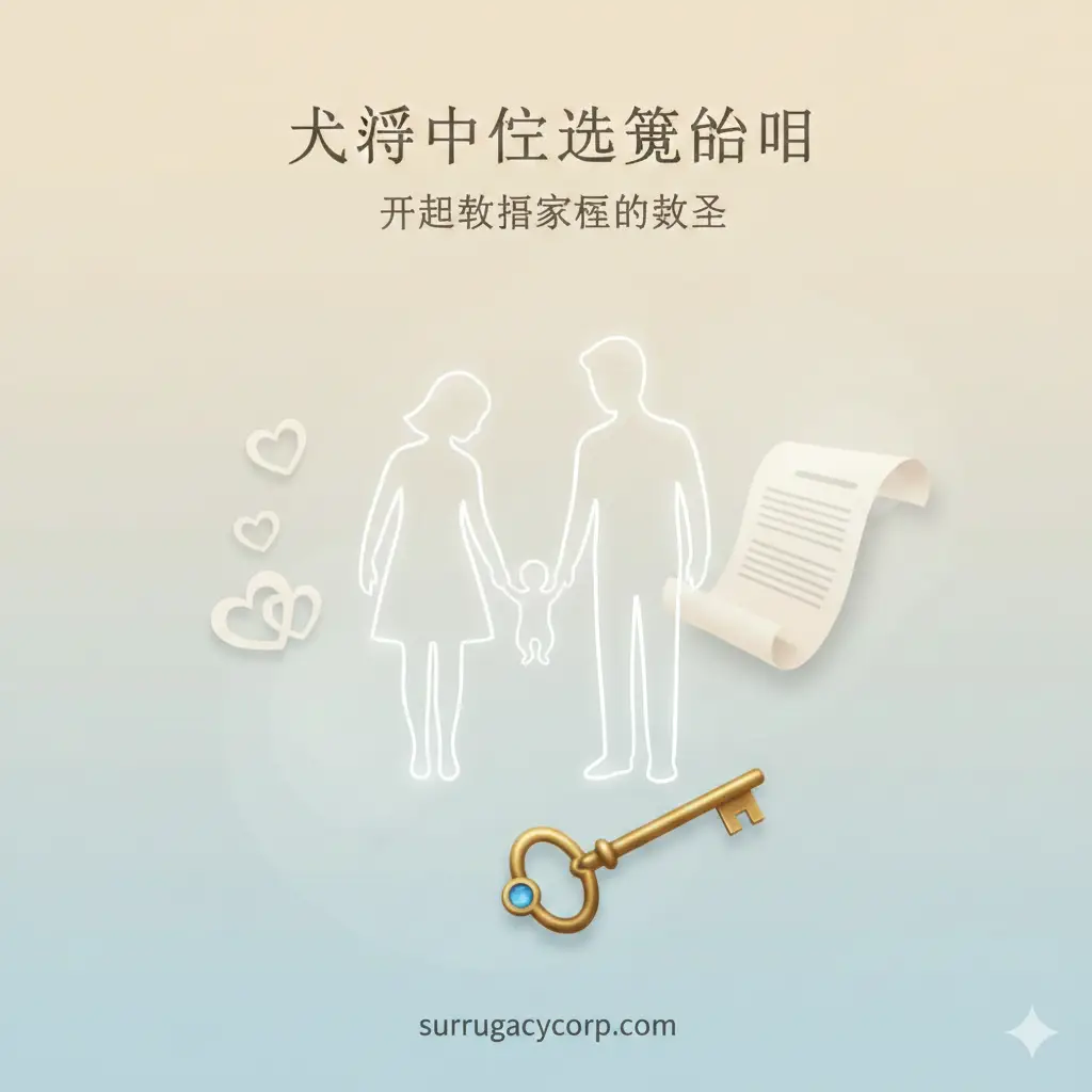 主体是一个由白光柔和勾勒出的抽象家庭剪影，包含父母和婴儿。背景采用温暖的米白和浅蓝色调，象征信任与安全。构图上，剪影居中，周围环绕着法律文书、心形图案、以及一枚精致的钥匙（象征开启幸福）。整体风格现代、高端，突出“代孕中介选择指南”的专业性和人性化关怀。