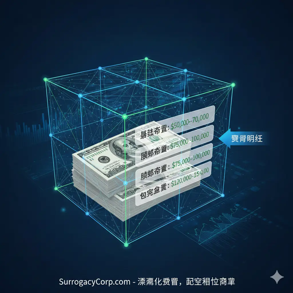 图片用于“乌克兰代孕核心费用套餐解析”部分，展示价格透明与分解的特性。画面主体是一个三维化的透明玻璃立方体，内部有堆叠整齐的美元钞票，钞票上清晰标记着不同的代孕套餐类型（如：基础套餐、捐卵套餐、包成功套餐）及其对应的价格区间。背景是简洁的深色，用专业的数据图表风格突出数据。整体色彩以蓝色和绿色为主，象征清晰和增长。强调“数据透明化”和“拒绝隐性消费”，突显 SurrogacyCorp.com 的专业性。