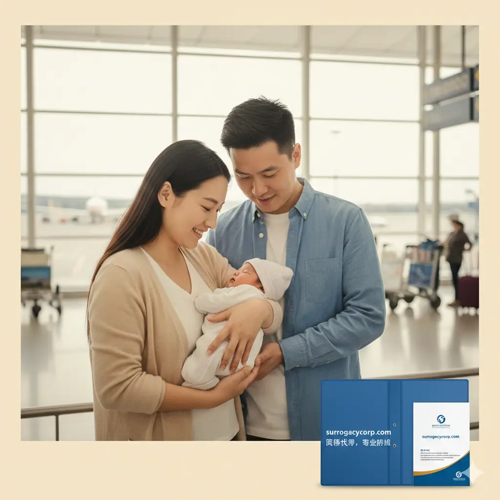 温馨的总结性图片，展示一对日本夫妇充满喜悦地怀抱着一个新生儿，背景是温馨的家居环境或机场到达大厅，暗示他们成功通过跨境代孕带宝宝回家。画面的一角可以隐约看到SurrogacyCorp品牌的文件夹或咨询服务的象征物，体现专业机构的全程护航。整体色彩采用柔和的暖色调，传递出圆满、幸福和未来的希望，呼吁用户采取行动。