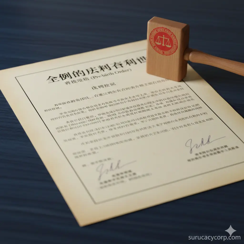 优势图(法律保障):象征性地展现法律合同和亲权认定的重要性。画面主体是一份展开的、具有正式签名的法律合同特写,合同上方叠放着一个刻有法院徽章的印章或法槌。背景是稳重的深蓝色或木纹,体现法律的权威性和保障性。构图庄重,重点突出“全面的法律合同”、“亲权认定(Pre-birth Order)”等关键元素,传递正规代孕的安全和可控性。