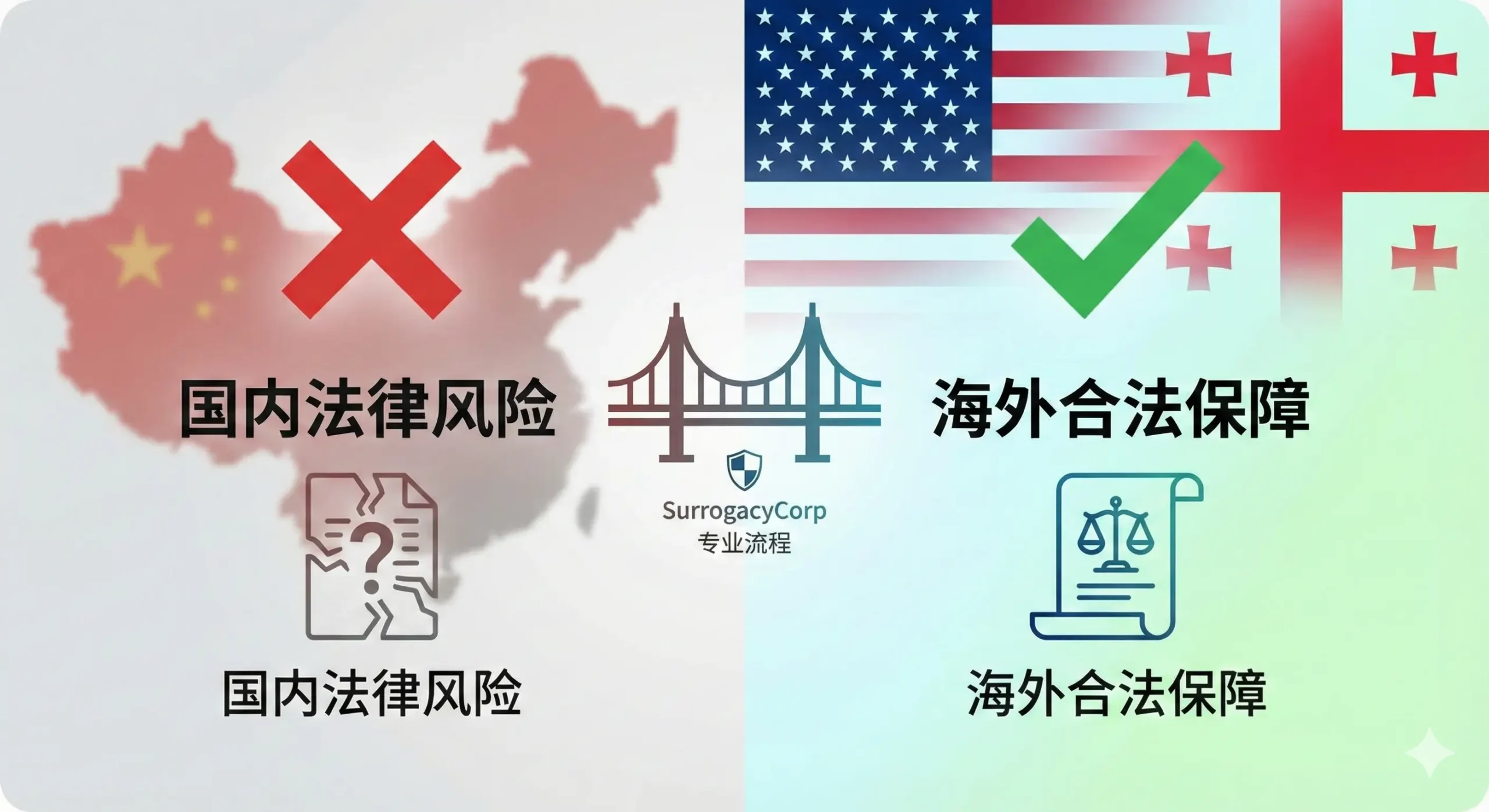 展示SurrogacyCorp的核心功能，即“法律保障的国际代孕流程”。画面采用对比构图，左侧是红色的“❌”符号，背景模糊地显示中国地图轮廓，下方写着“国内法律风险”，元素是破碎的合同或问号；右侧是绿色的“✅”符号，背景是美国或格鲁吉亚国旗的抽象图案，下方写着“海外合法保障”，元素是清晰的法律卷轴或天平。整体风格简洁、对比强烈，强调合法性、安全性以及流程的专业性，突出SurrogacyCorp是连接非法与合法的桥梁。