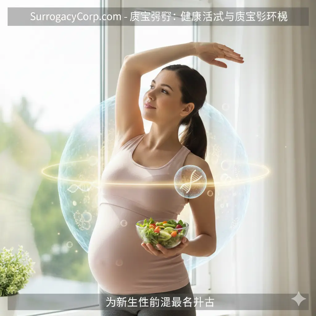 展示表观遗传学与健康孕育环境的生活方式摄影。画面中一位健康的代理孕母身着舒适的瑜伽服，在阳光明媚的窗边做轻柔的伸展运动或享用营养丰富的绿色蔬果餐。画面叠加了半透明的、象征保护的微观细胞光晕，寓意虽然不提供DNA，但代母提供了最优越的'表观遗传环境'。光线自然明亮，传递出积极、健康、负责任的氛围。