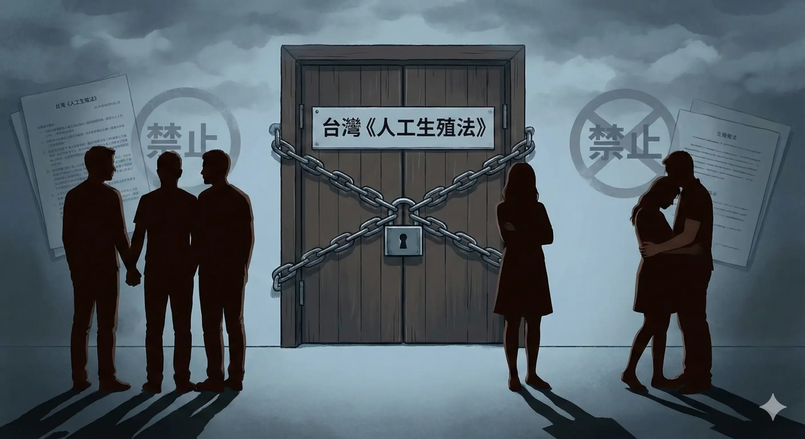 此圖用於「深度解析：台灣《人工生殖法》的限制」章節。畫面主體是一個被鎖鏈或障礙物擋住的門，門上貼著《人工生殖法》的標籤。門口站著三組被排斥的群體剪影：一對男同志伴侶、一位單身女性、以及一對不孕的異性戀夫妻在門外等待。使用冷色調和陰影來強調現行法律的嚴苛和排他性，展現「同志」、「單身」、「不孕」在台灣面臨的生育困境，以圖形化方式說明現行法規的嚴格門檻。