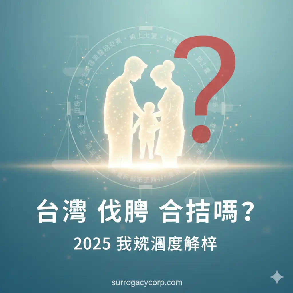 設計一張富有希望和專業感的封面圖。主視覺是一個由光線構成的、溫暖且充滿愛的家庭輪廓（包含父母和嬰兒），輪廓周圍被台灣的法律條文和一個大大的禁止符號（或問號）所包圍，象徵法律上的限制。背景是柔和的藍綠色調（代表希望和醫療），前景用醒目的白色中文大字標註「台灣 代孕 合法嗎？」與「2025 現況深度解析」，整體風格應專業、引人深思，突出文章的嚴肅性和時效性。