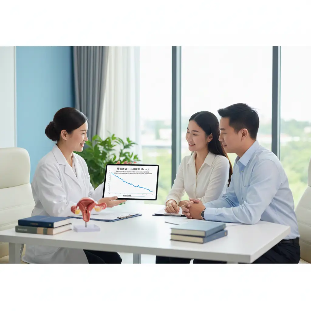 一张现代医疗咨询场景的图片，用于解释U=U（检测不到=不具传染性）原理。画面中一位专业的医生正在向准父母展示一张清晰的医疗图表或平板电脑屏幕，屏幕上显示的病毒载量曲线呈下降趋势直至无法检测的水平。背景是洁净、明亮的诊所环境，色调以令人安心的医疗蓝和纯白为主，象征着科学、严谨与安全，增强用户对医学原理的信任。