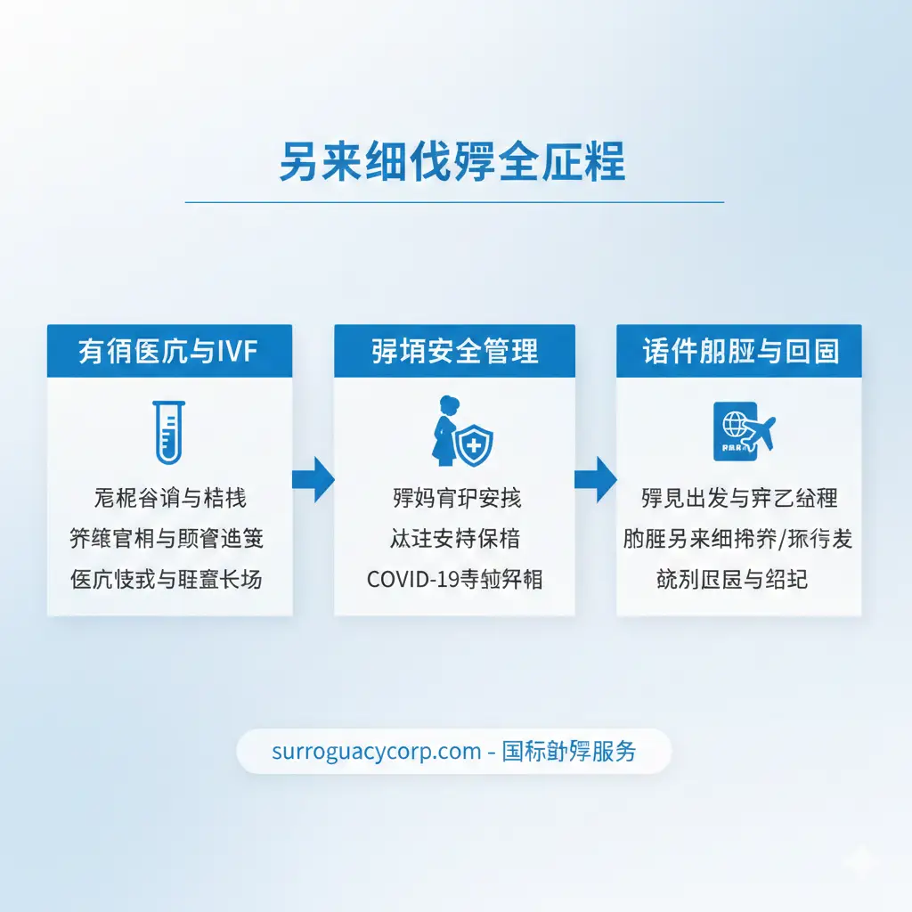 一张清晰的流程图或信息图表风格图片，可视化从'远程咨询'到'抱娃回国'的全过程。画面通过简洁的矢量图标连接三个主要阶段：前期的医疗IVF（试管图标）、中期的孕期安全管理（孕妇与安保盾牌图标）、后期的证件办理与回国（护照与飞机图标）。设计风格现代简约，路径清晰，帮助用户一目了然地理解复杂的跨国代孕步骤。