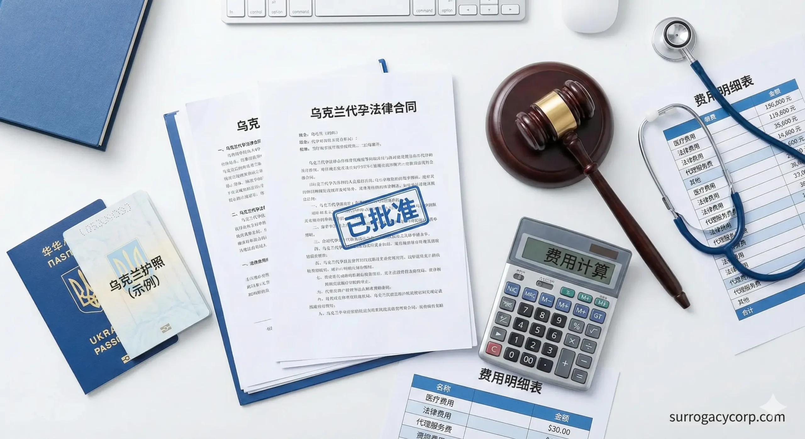 展示乌克兰代孕法律与费用透明度的概念图。画面采用俯拍视角（Flat lay），整齐排列着法律合同文件、计算器、听诊器以及一本打开的护照。关键元素在于文件上的'Approved'（批准）印章和象征公正的法槌，强调法律的合法性与资金的透明结构。色彩以医疗白和商务蓝为主，光线明亮清晰，旨在消除客户对隐形消费和法律风险的疑虑。
