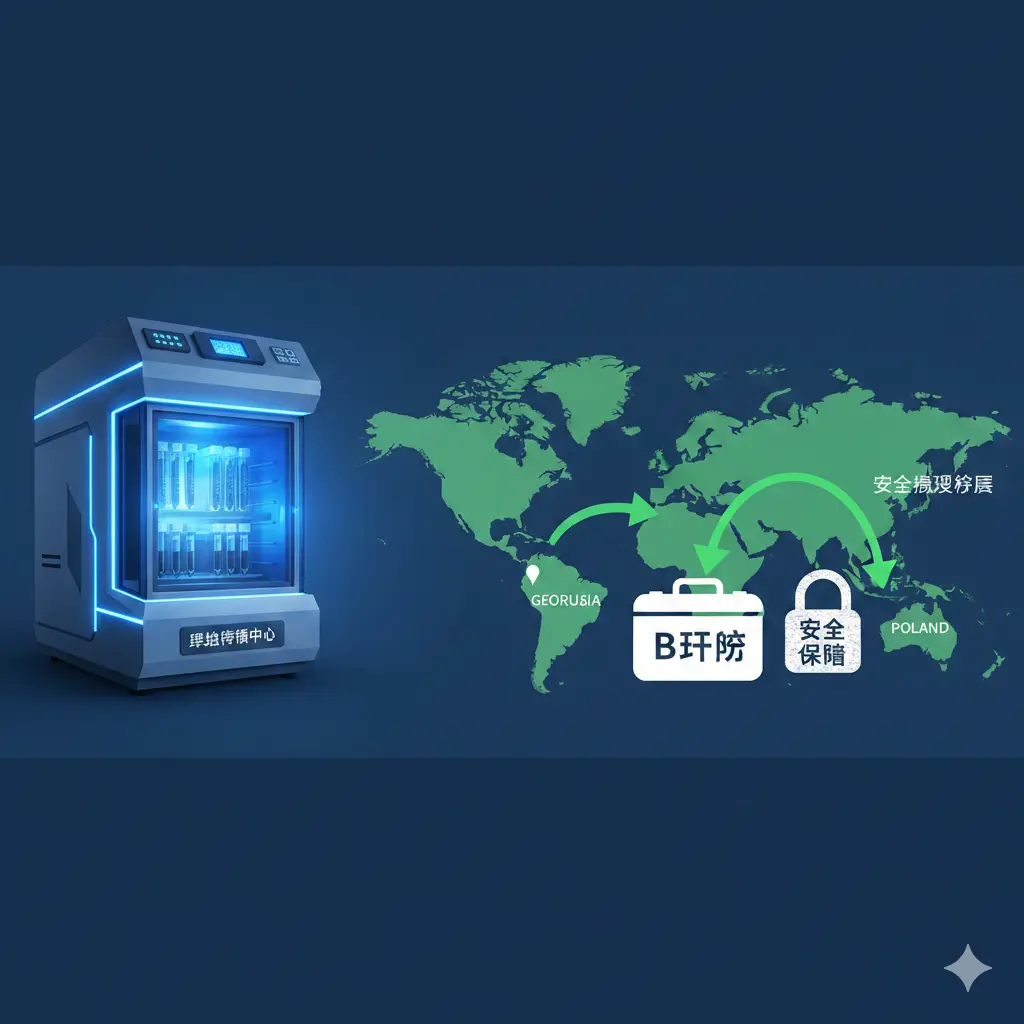 专注于展示'跨国应急预案'与安全保障的优势图片。画面设计为分屏或合成图：一侧是高科技的胚胎冷冻储存罐，另一侧是带有安全路线指引的地图，箭头从乌克兰指向周边安全国家（如格鲁吉亚、波兰）。画面中融入'Plan B'的急救包或安全锁元素，色调采用深蓝与安全绿，传达出SurrogacyCorp在动荡局势下强大的危机处理能力和对生命的承诺。